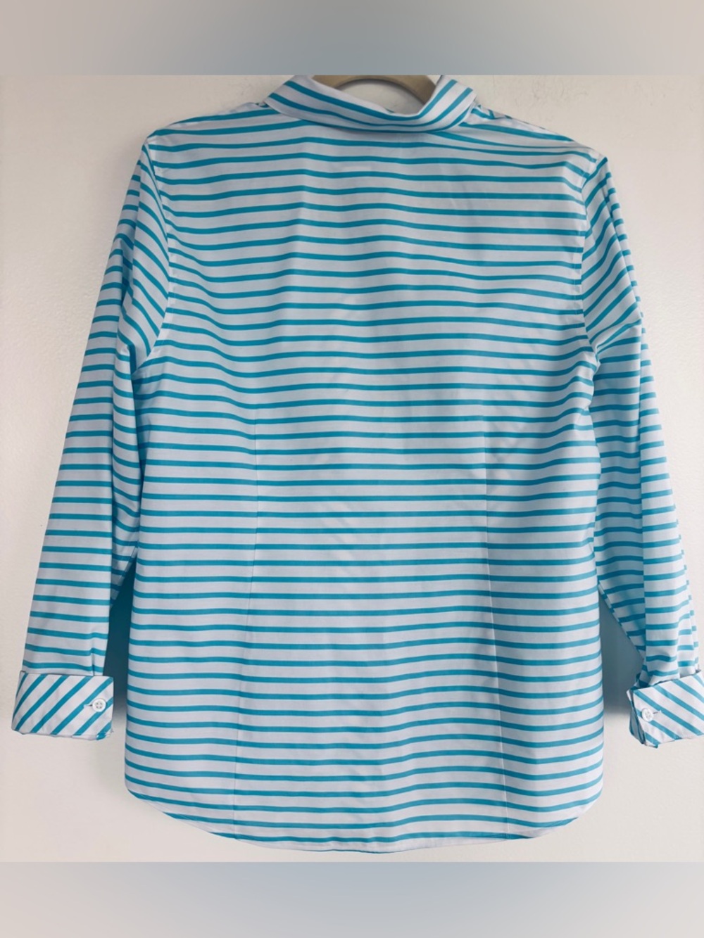 Chico's Aqua and White Striped Button-Down Blouse, No Iron - Picture 2 of 4